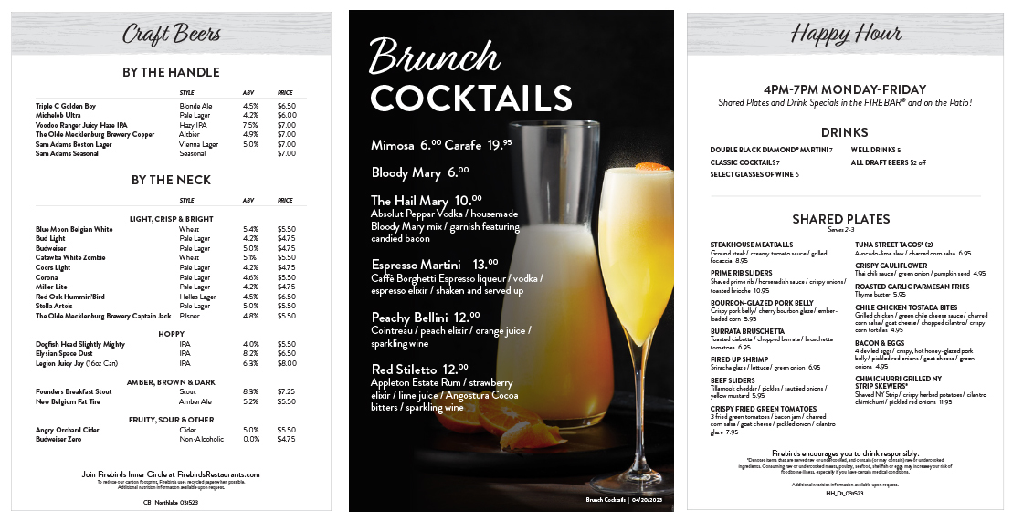 Firebirds menus